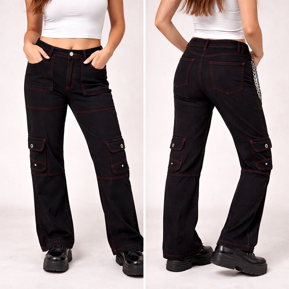 Hot Topic Black & Red Stitch Chain Carpenter Pants
